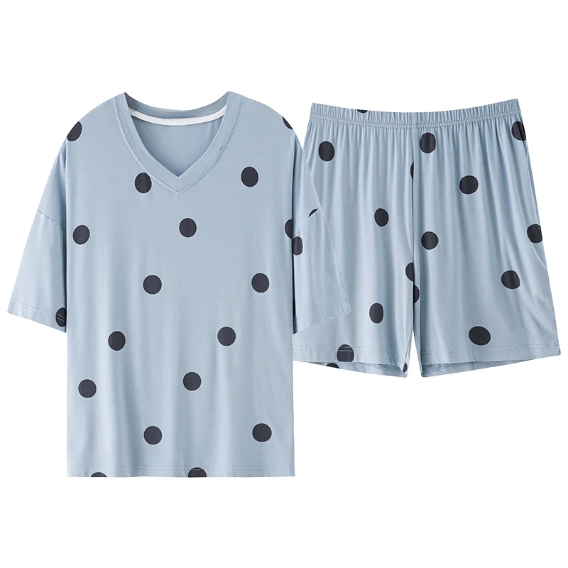 新款莫代尔棉睡衣女短袖七分裤简约圆点夏季薄款加肥加大家居服