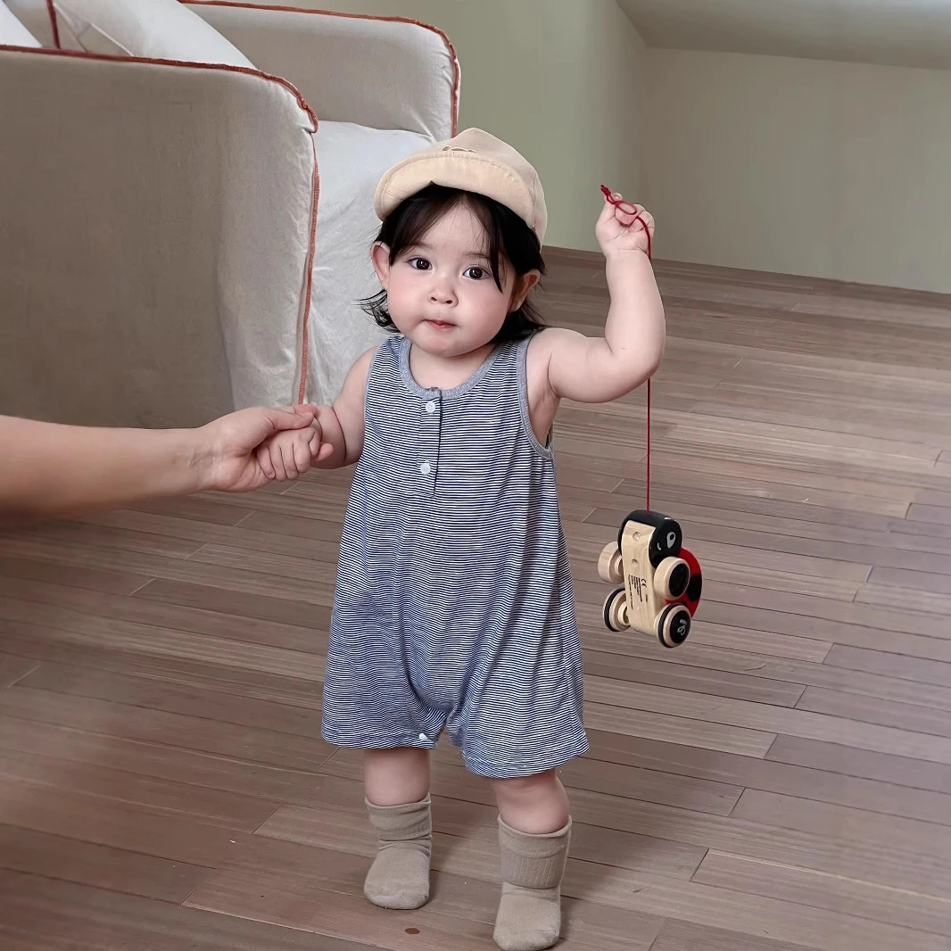 韩版新款婴幼儿无袖棉条纹连体中性风哈衣爬服 - 11995#