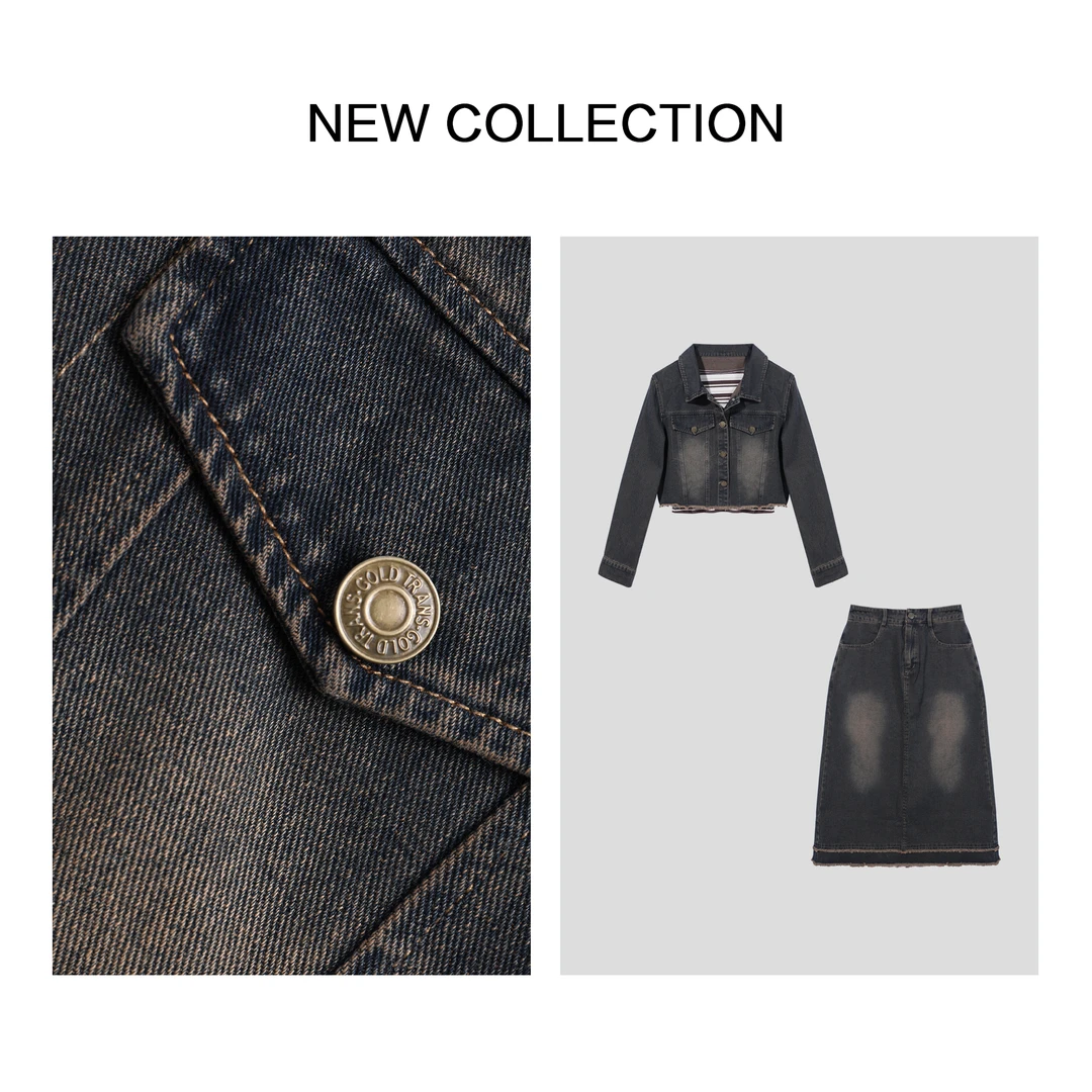 《婷婷专属》D1F36290B 秋季女装牛仔三件套 牛仔外套+半身裙+背心