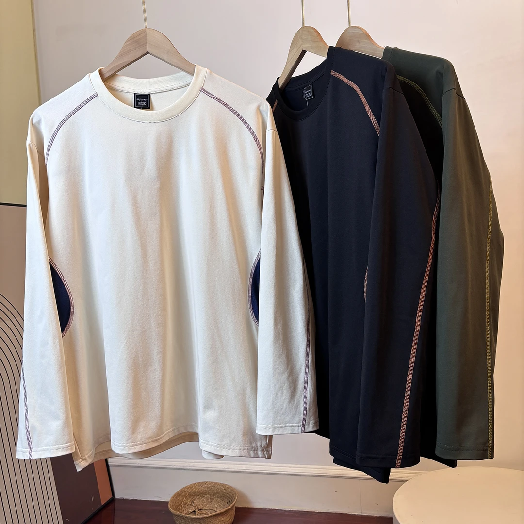 腋下网眼透气 宽松版型 秋季男士阔版明线撞色圆领休闲长袖T恤潮