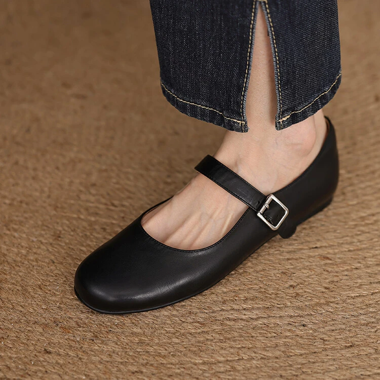 法式复古优雅一字带玛丽珍鞋女浅口圆头真皮单鞋女平底休闲小皮鞋