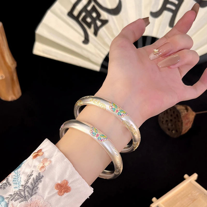 足银手镯 999.9足银65g描金祥云珐琅闭口手环新中式风纯银镯子女