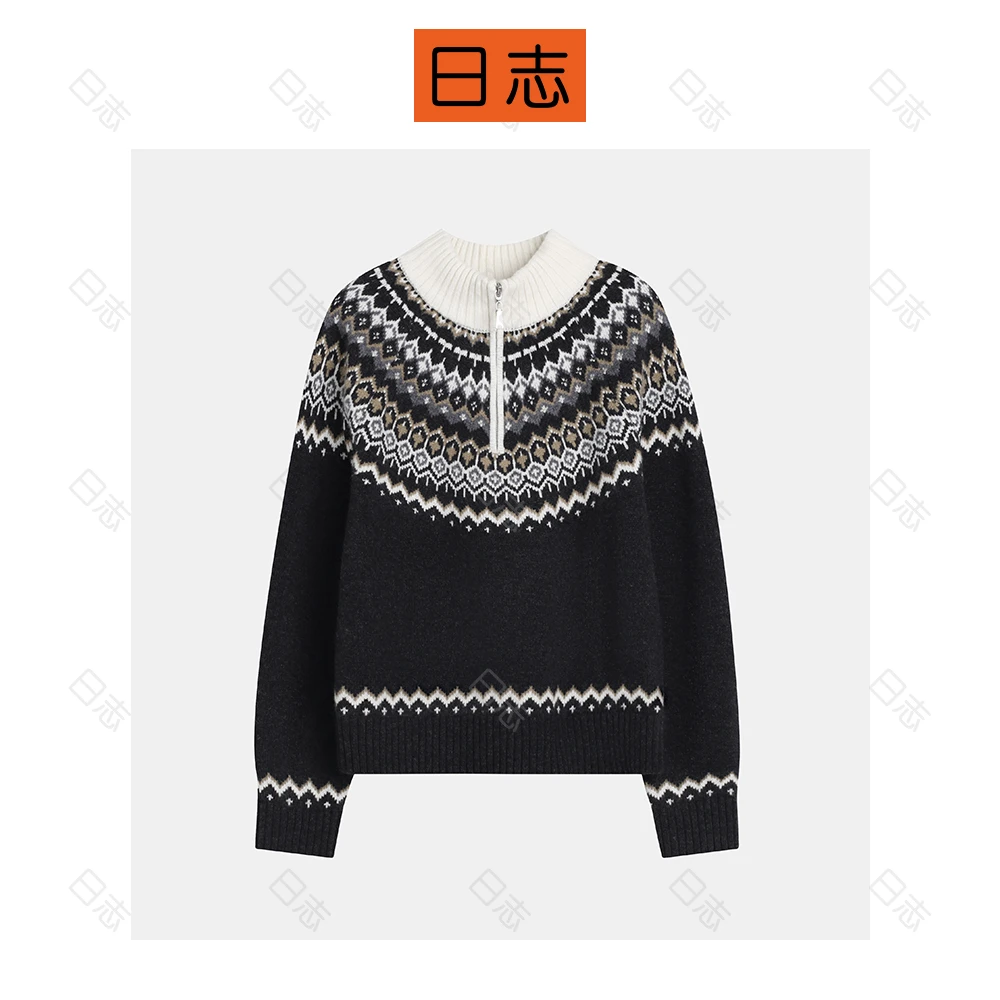 PIPO【现】经典提花图案百搭小高领撞色拉链针织羊毛衫DDS4AA639