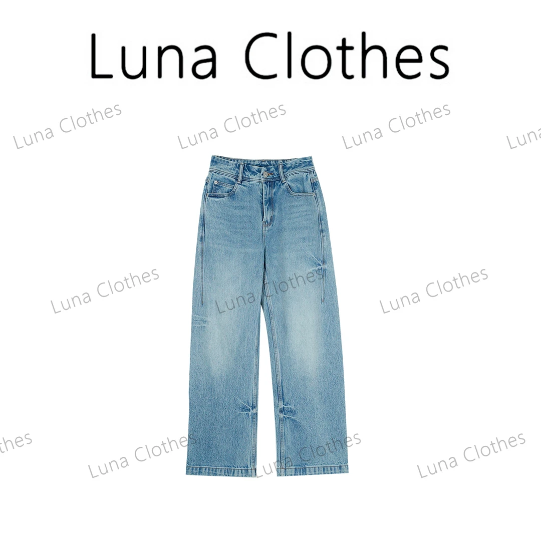 张妍LUNA‘层浪’渐变经典水洗牛仔半分割微弯刀牛仔裤2572