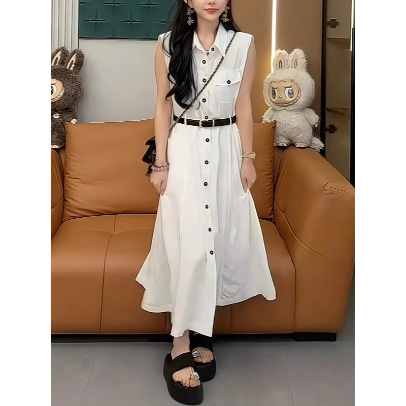 夏季上新法式复古气质简约长款连衣裙单排扣翻领通勤配腰带长裙子