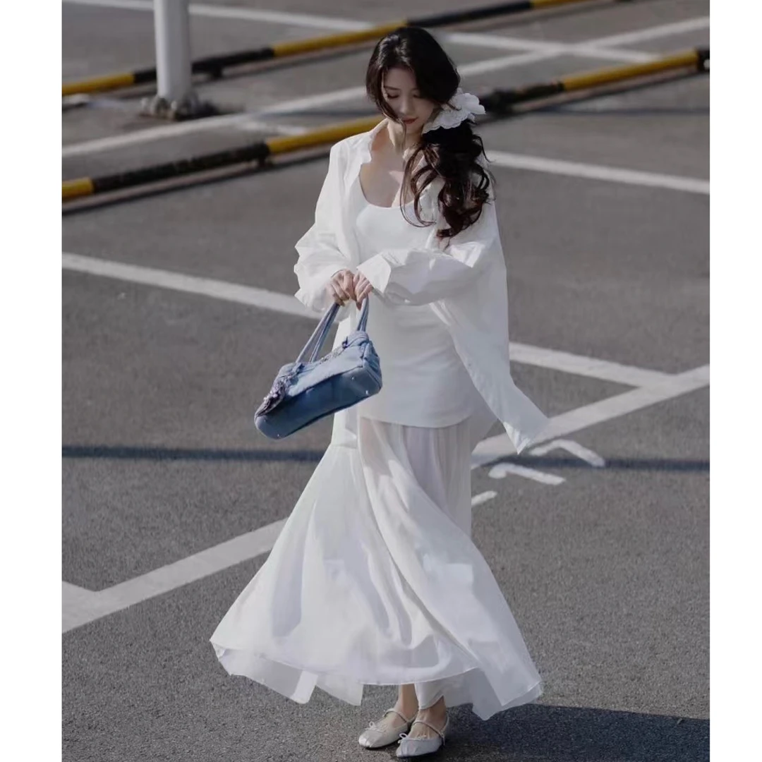 法式白色长袖衬衫女韩系慵懒风气质宽松显瘦上衣吊带裙套装A1226