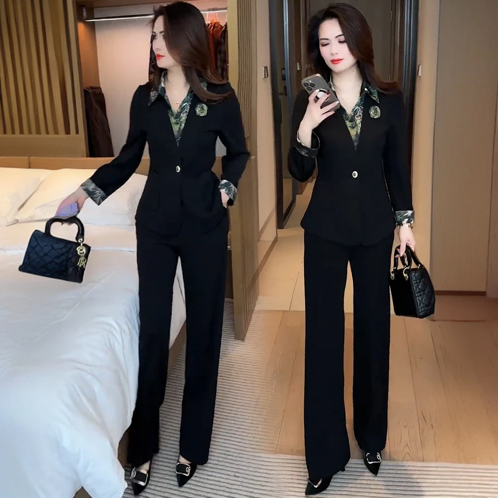 时尚高级感拼接假两件西服套装女2025春秋新款设计感洋气质两件套