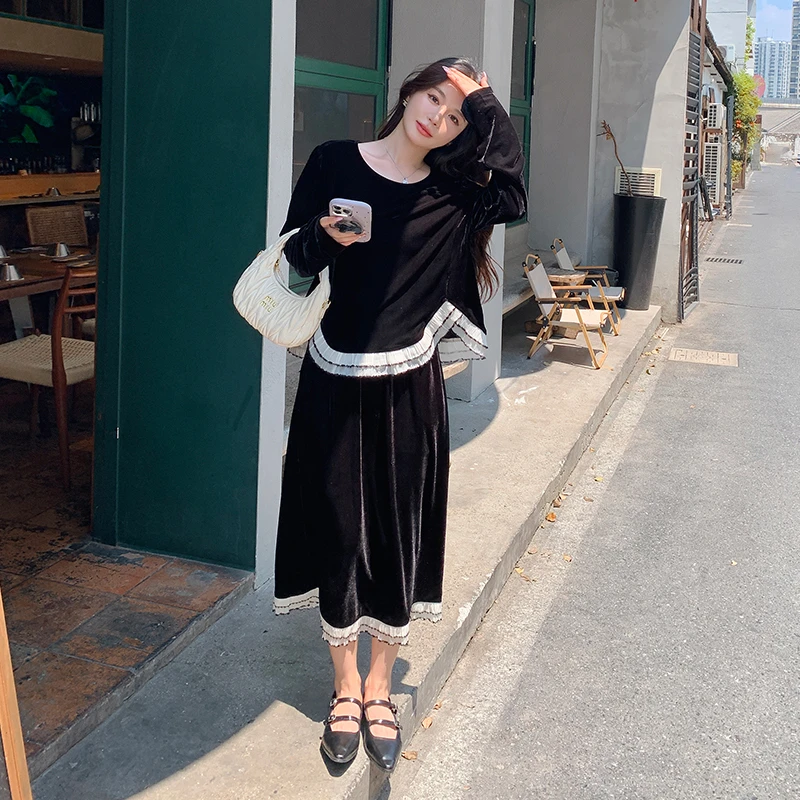 法式赫本风金丝绒套装裙女春秋2025新款轻熟休闲穿搭半身裙两件套