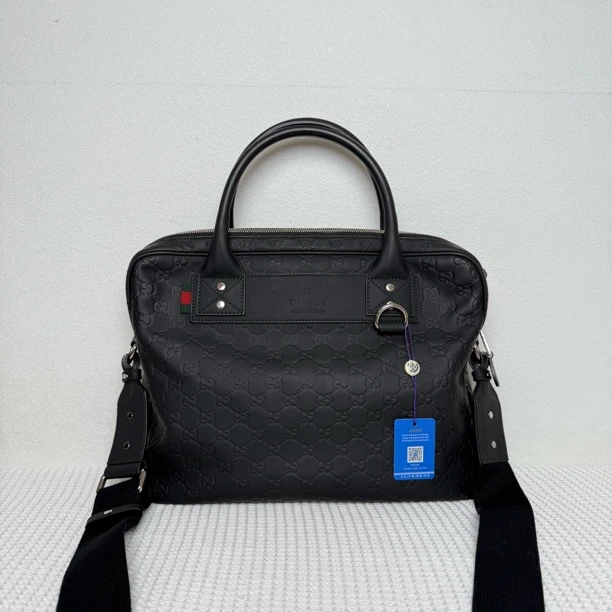 99新 GUCCI/古驰 5587/时尚黑色全皮压纹手提公文包