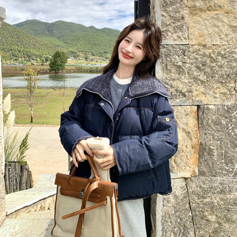 牛仔蓝高端洋气针织翻领短款羽绒服外套女冬2025新款白鸭绒面包服