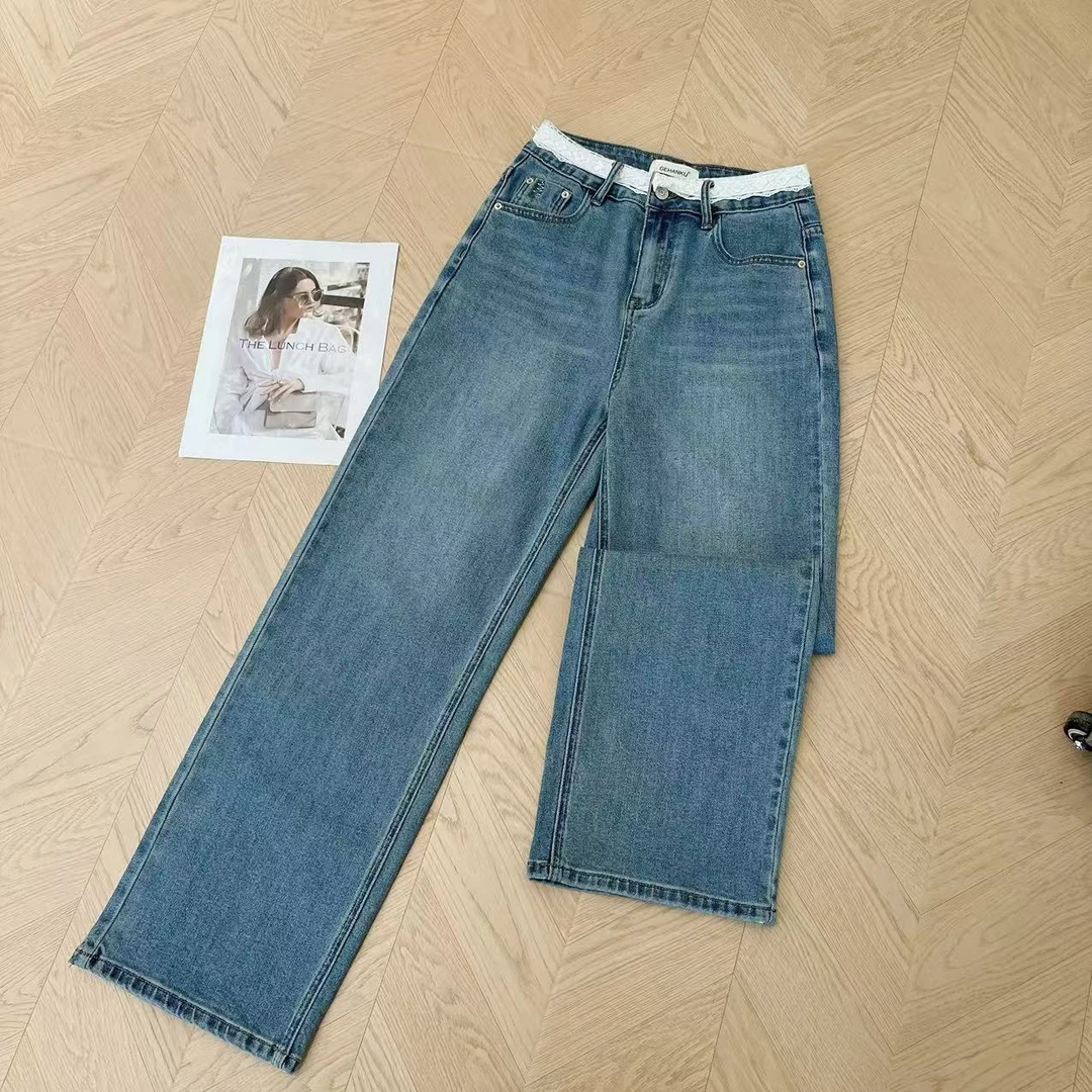 【豆子推荐】26837 春季蕾丝花边腰头设计感直筒高腰牛仔裤百搭