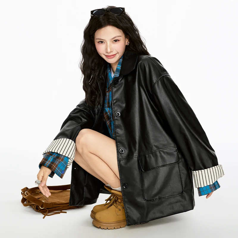 T-BUG墨青霜映 复古港式黑色皮衣外套女秋冬新款休闲百搭夹克