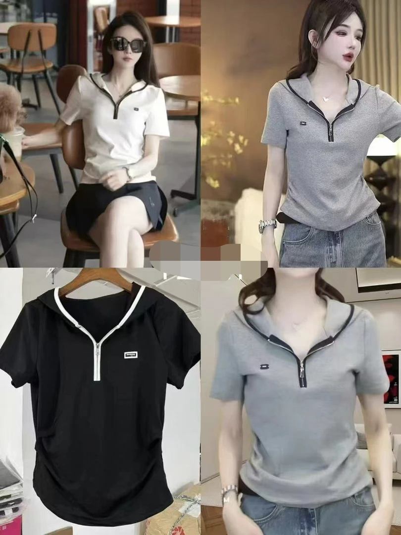 欧货时尚拉链半开领连帽短袖T恤女夏季百搭显瘦减龄小众上衣