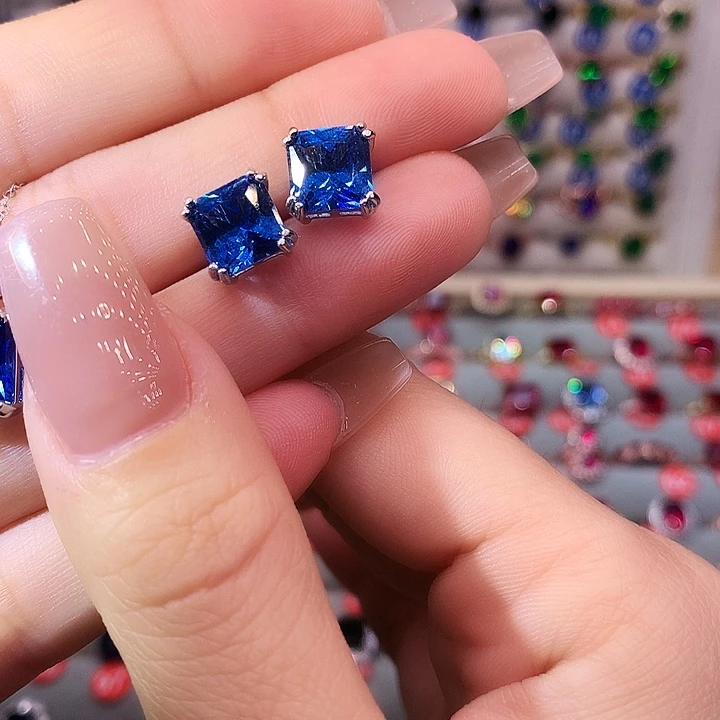 蓝宝石耳饰银S925镶嵌