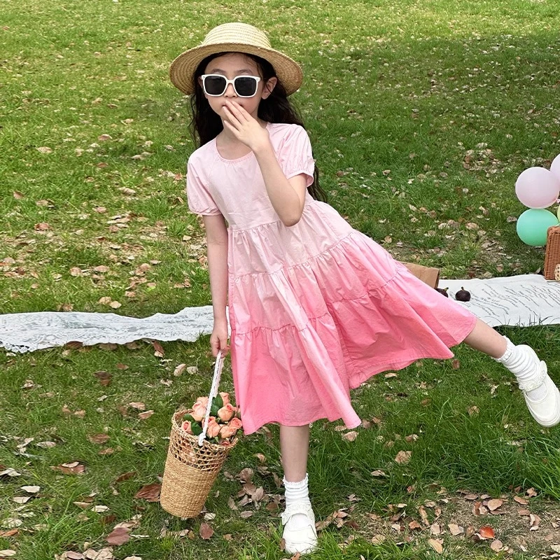 女童夏季连衣裙2025新款中大童韩版洋气公主裙粉色蓝色渐变沙滩裙