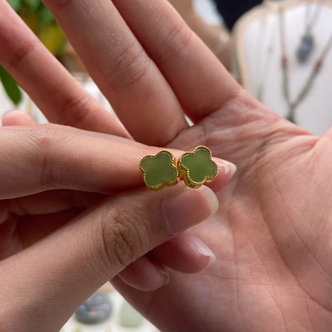 和田玉（碧玉）银S925镀金镶嵌耳饰