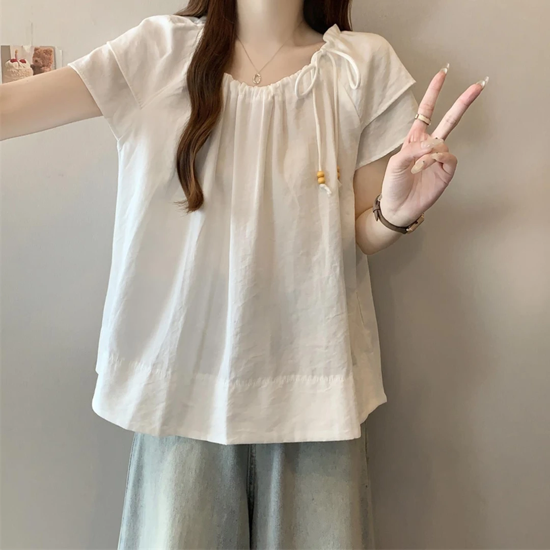 设计感系带圆领短袖衬衫女2025夏季微胖大码遮肚子宽松百搭上衣