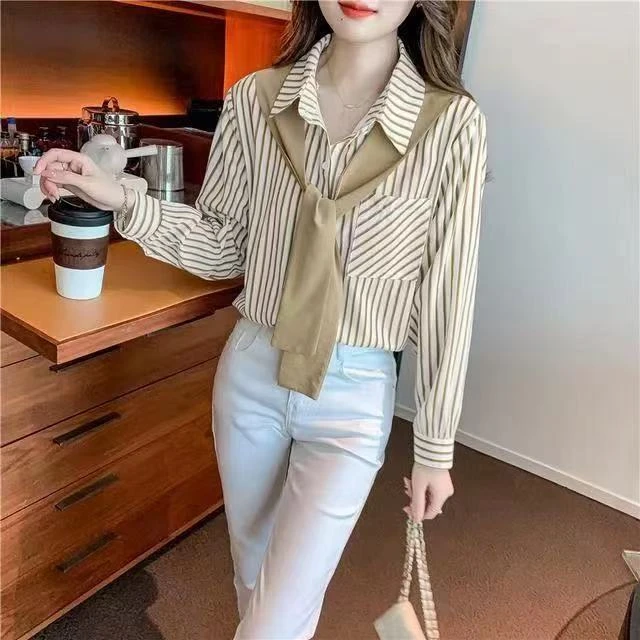 春秋假两件竖条纹衬衫女女装宽松翻领别致款长袖上衣潮新款