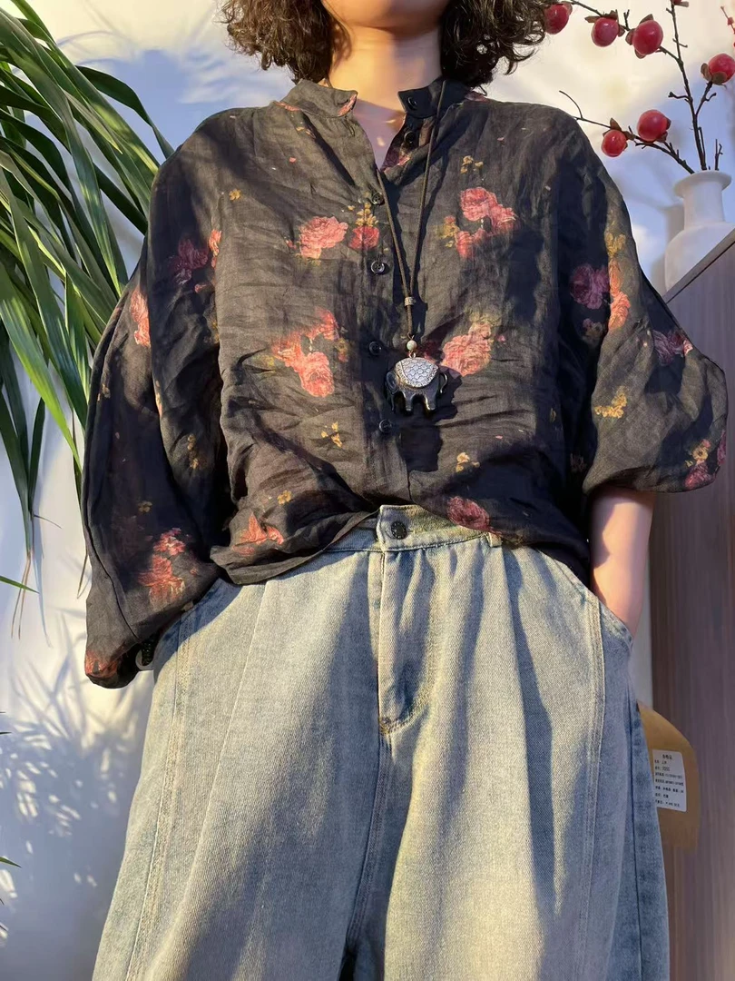 春夏新款复古文艺苎麻印花宽松蝙蝠袖衬衫女短款上衣820