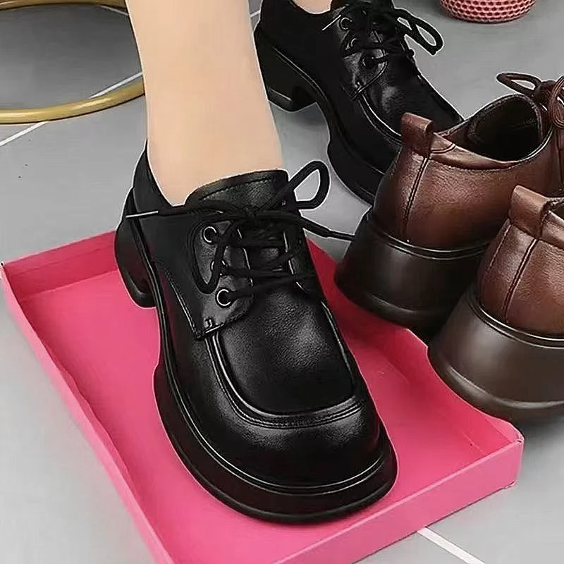 休闲软底单鞋小皮鞋大码系带乐福鞋秋季百搭通勤舒适深口