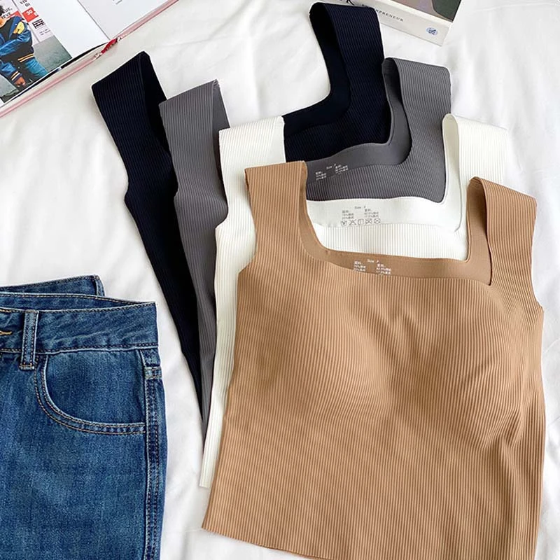 无痕美背宽肩带背心带胸垫冰丝螺纹棉方领吊带内衣女外搭内穿上衣