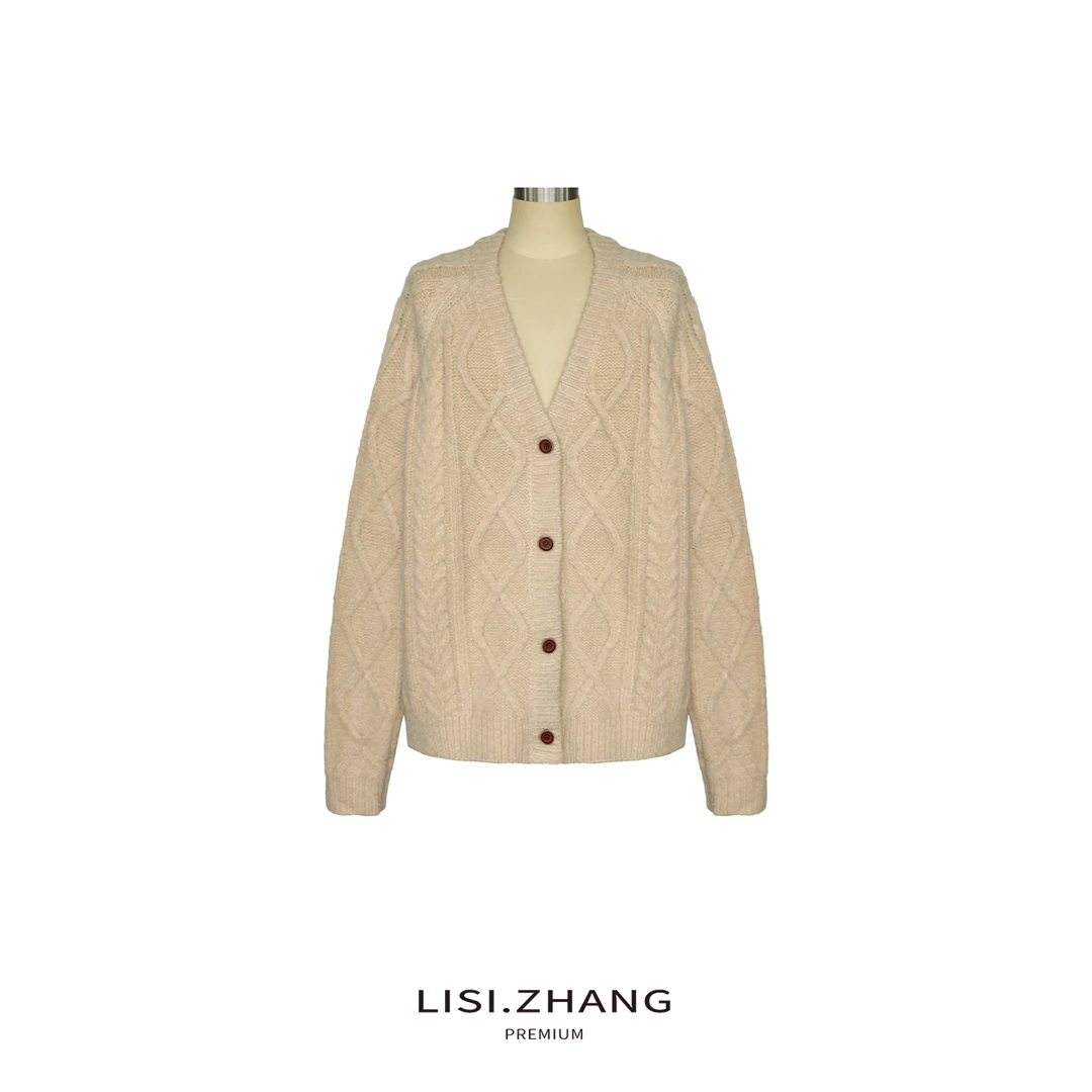 LISI.ZHANG--【羊毛开衫】菱格编织V领宽松软糯纯色慵懒针织羊毛衫