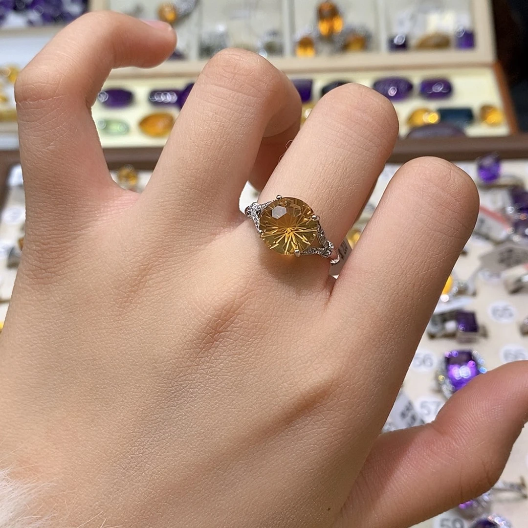 银S925镶嵌紫晶珠宝半成品纯天然黄水晶戒指x