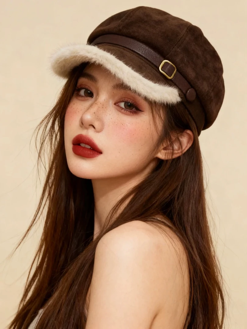 复古方扣麂皮毛绒拼接八角帽女秋冬保暖显脸小加绒保暖贝雷帽潮