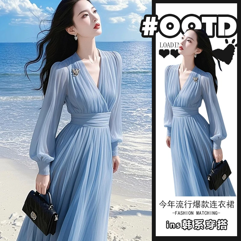 2025夏季新款淑女气质穿搭连衣裙女法式洋气收腰轻奢v领中长裙潮