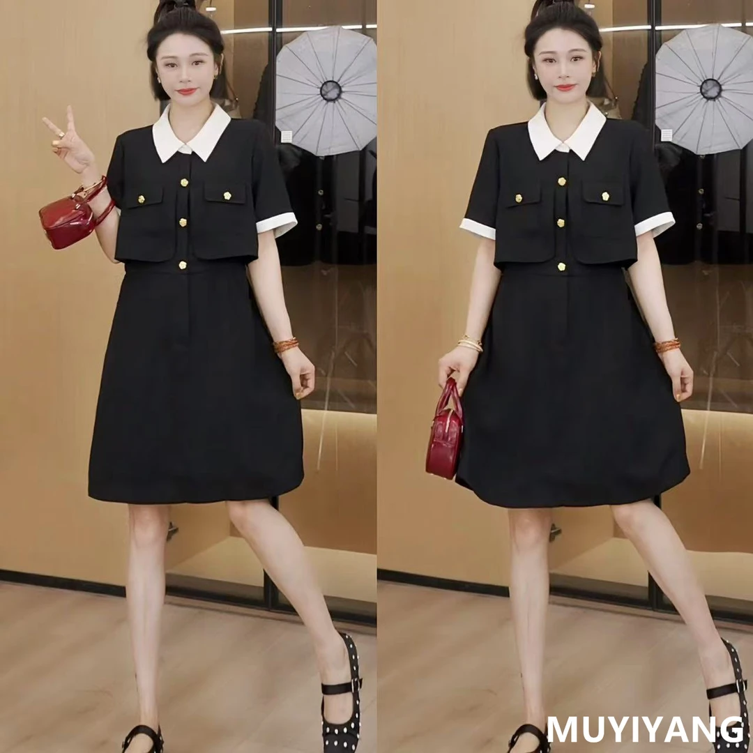 【花海】独特超好看撞色金扣收腰高定版连衣裙 裙长88 25-313#