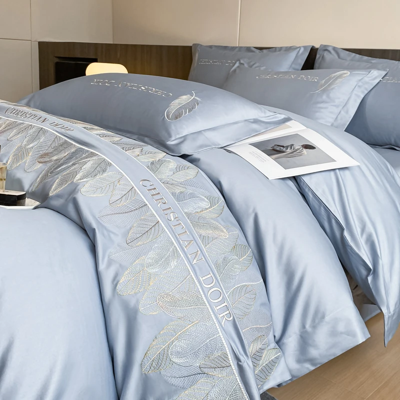 富安娜高档100全棉四件套纯棉床单床笠被套轻奢纯色绣花床上用品