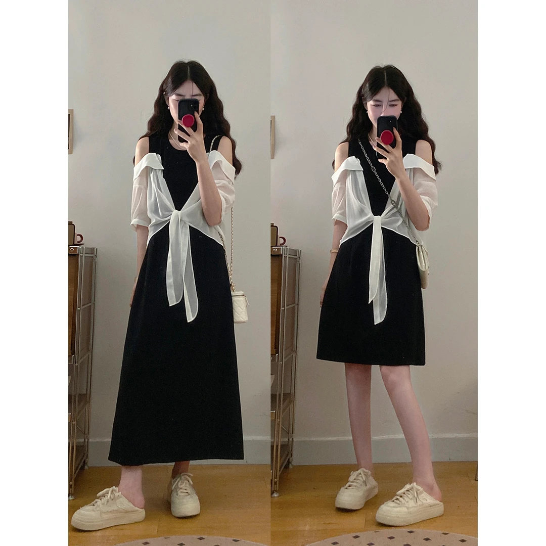 大码女装设计感假两件短袖衬衫露肩连衣裙长短款洋气小裙子