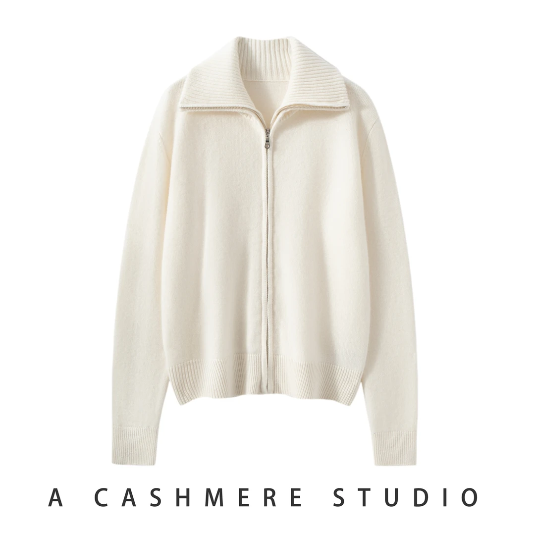 女款冬季双股加厚款简约休闲百搭拉链半高领羊绒开衫