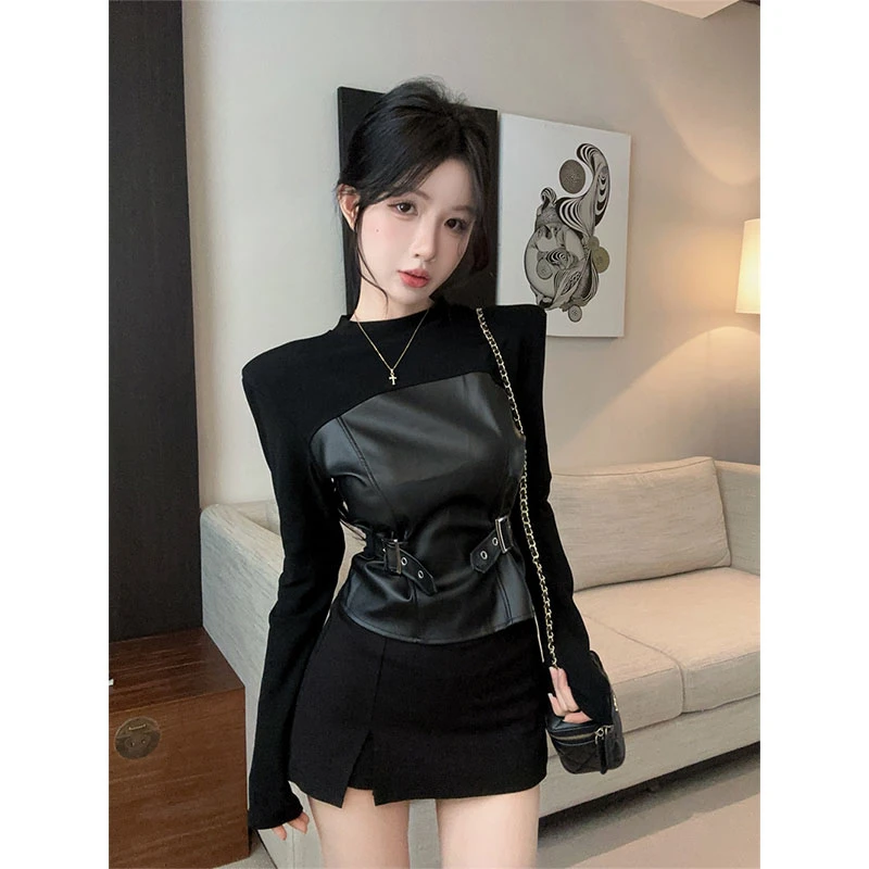 甜酷辣妹半高领PU皮拼接长袖t恤女秋季内搭打底上衣百搭裙裤套装