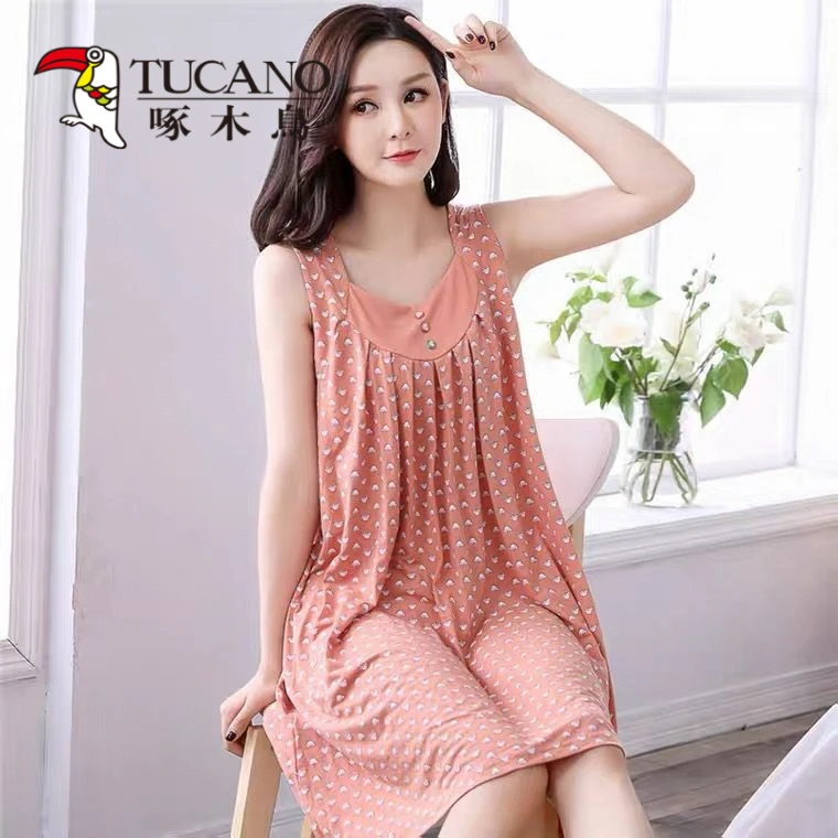 啄木鸟高档莫代尔棉睡裙女士春夏季薄款无袖背心妈妈睡衣裙家居服