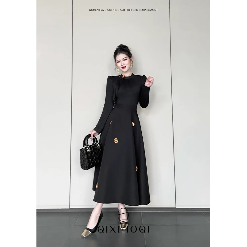 七小七Sicily【巴黎名怜】法式黑色高级感连衣裙秋冬赫本风气质长裙