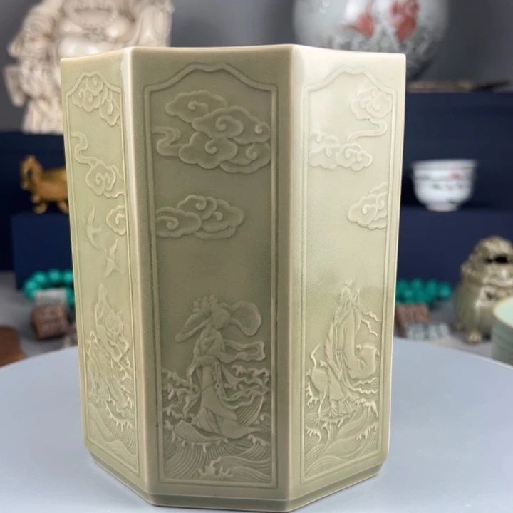 八方笔筒 越窑秘色