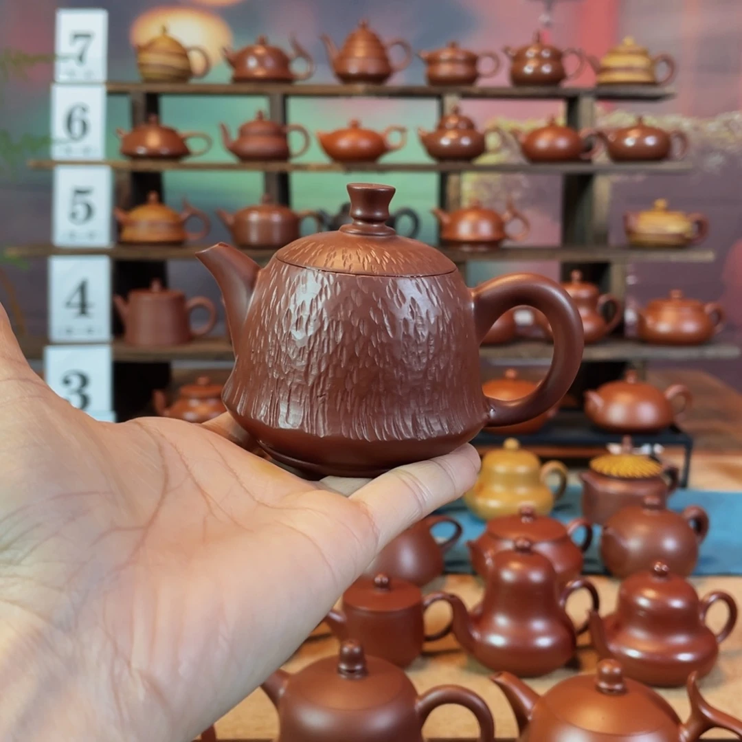 茶壶紫砂W*S潮州手工手拉朱泥跳刀金钟壶