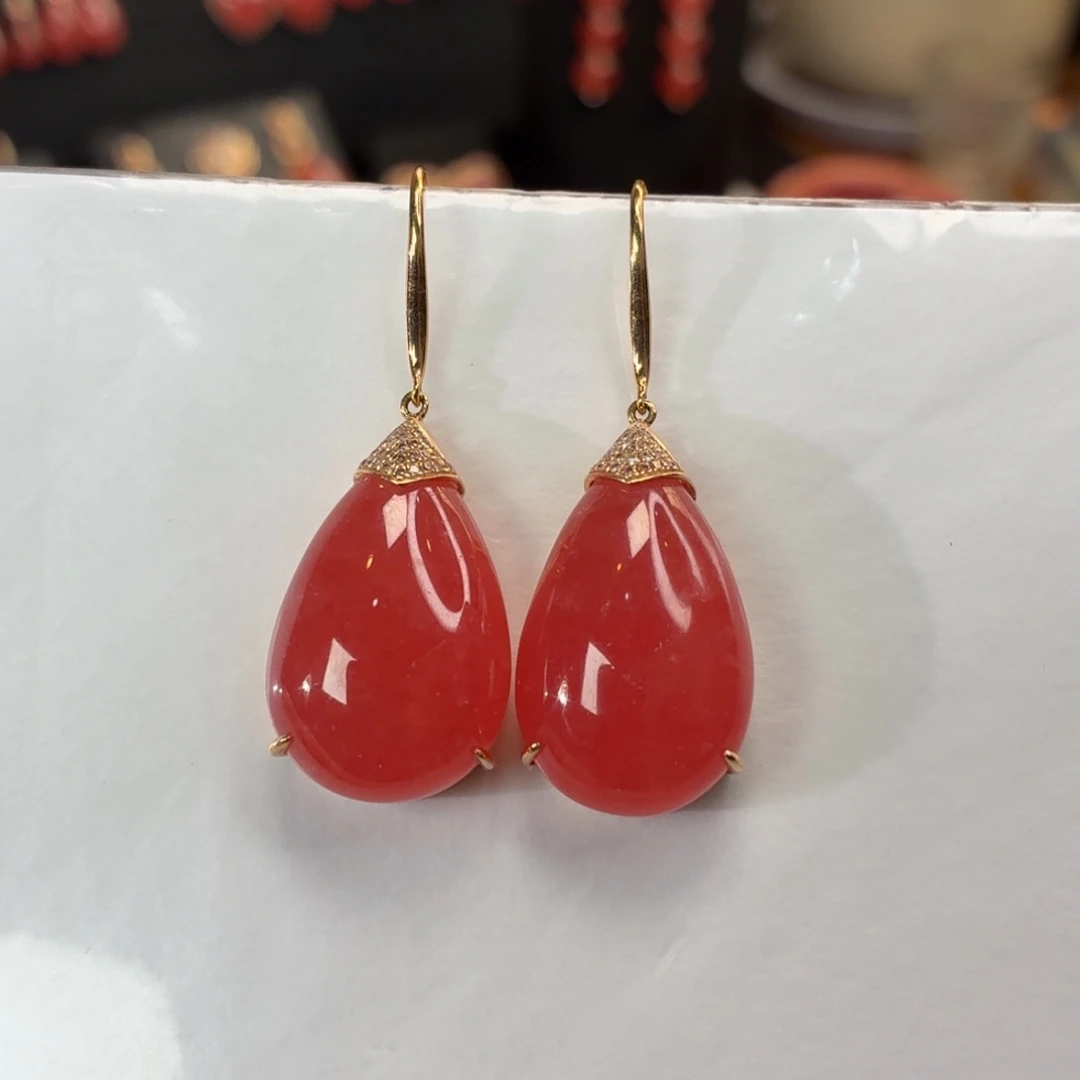 菱锰矿（红纹石）18K金镶嵌耳坠简约大气