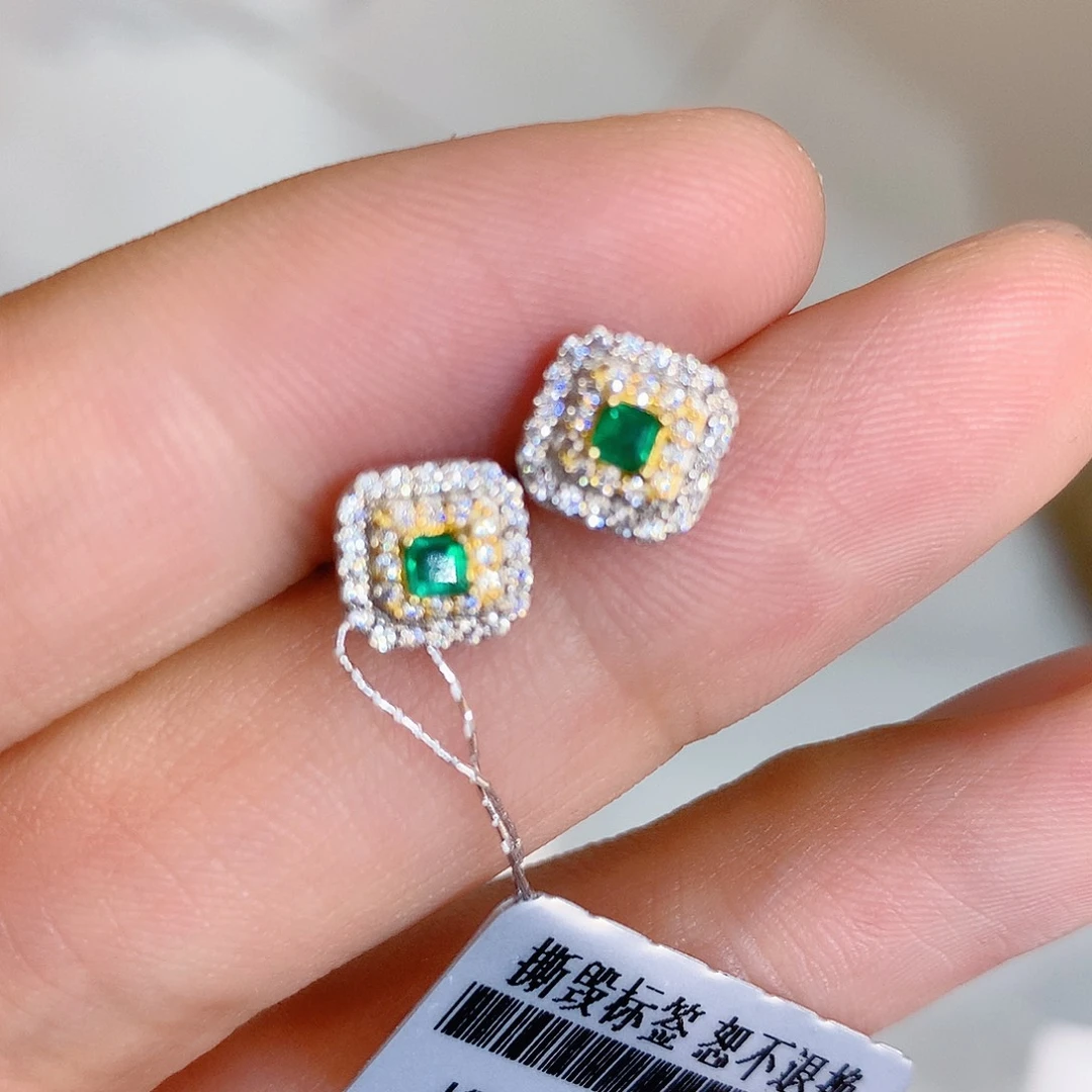 祖母绿耳钉银S925镶嵌