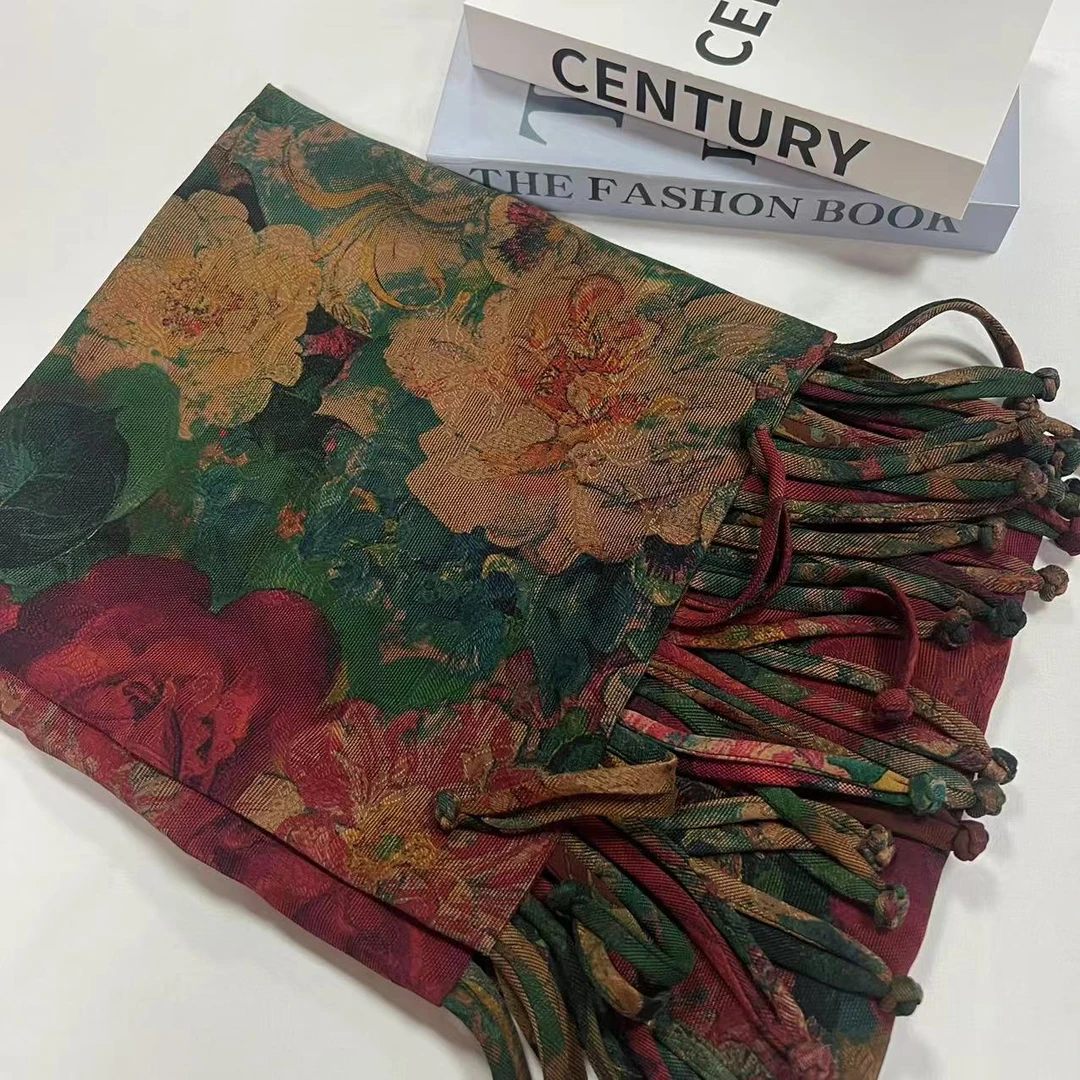 香云纱流苏披肩-明艳夺目 全织四经绞萝盘扣53*190cm丝巾