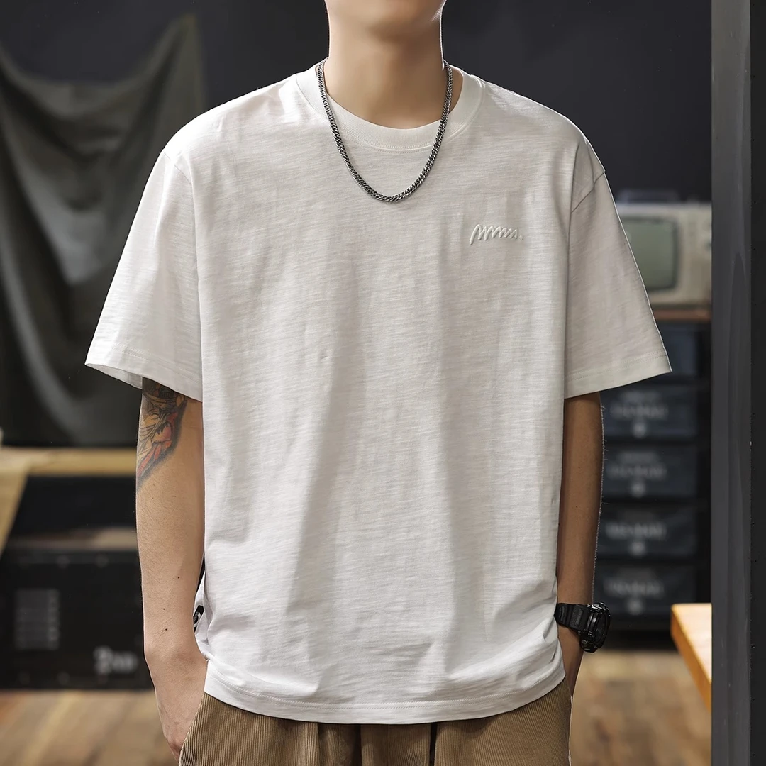 夏季重磅竹节棉短袖T恤男2025新款清爽透气白色半袖衫男士衣服潮t