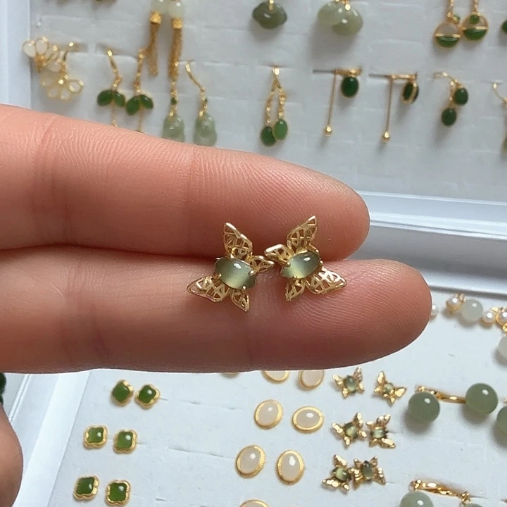 和田玉耳饰银S925镀金镶嵌