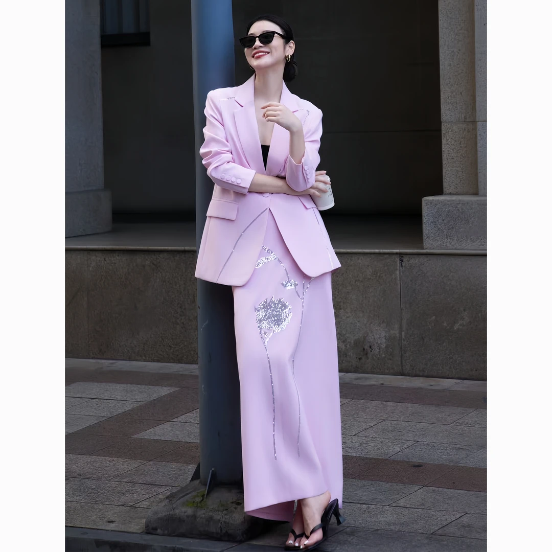 ZEROYK高端职业装设计感女神气质钉珠花朵西服开叉半裙时尚两件套