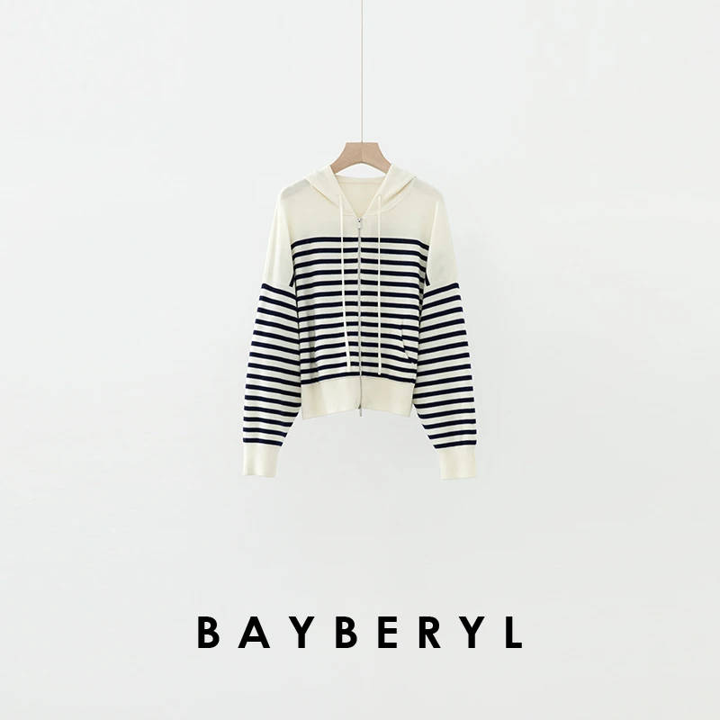 BAYBERYL老贝拉夫帽衫*拼色条纹落肩袖25春针织衫ZZS4L2508-2/18