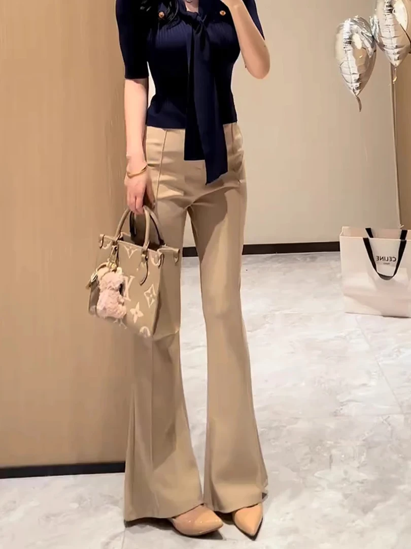 卡其色简约微喇休闲裤2025夏季新款高级感气质百搭垂感显瘦西装裤