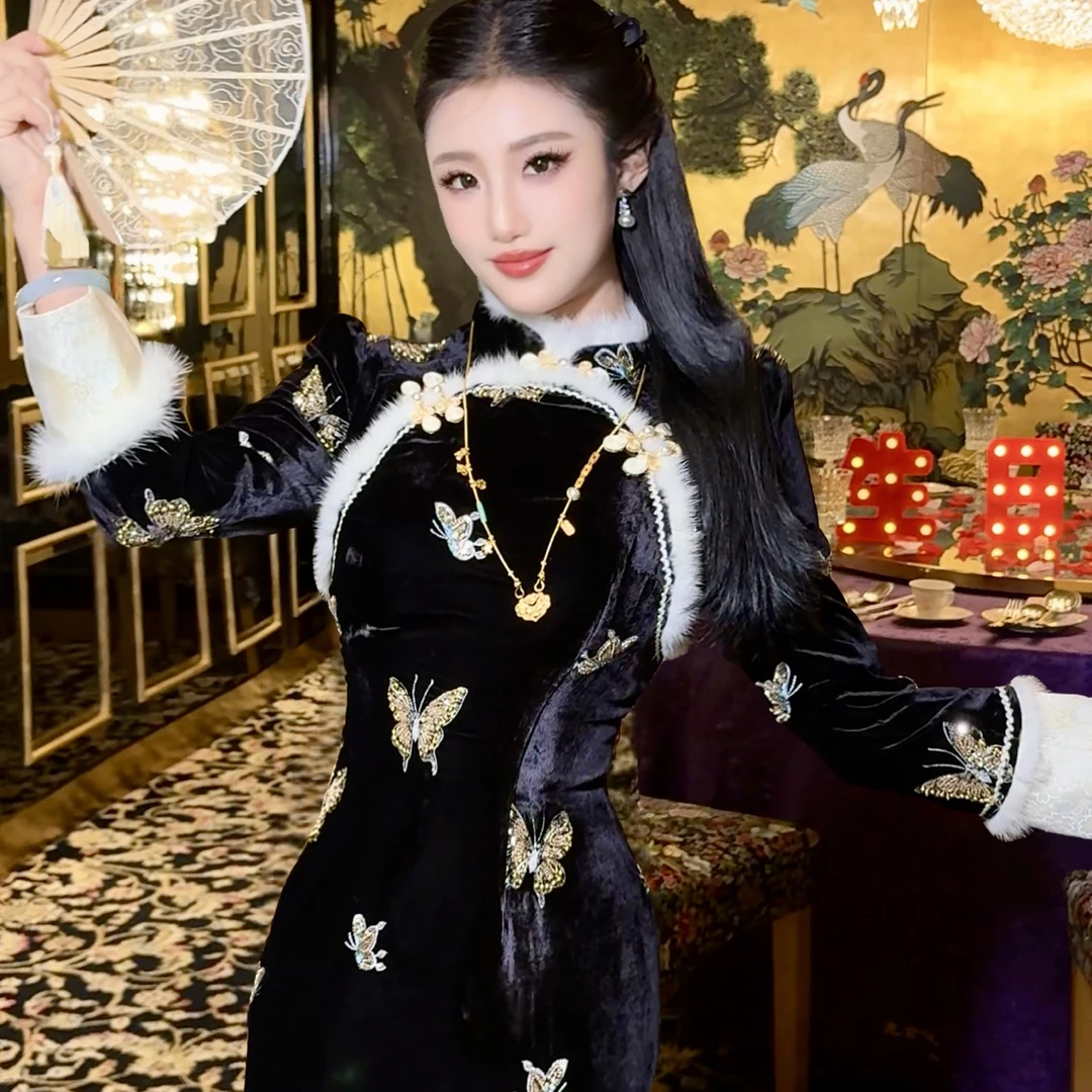 【媛珠 暗夜明珠】重工水貂毛国风钉珠蝴蝶刺绣丝绒旗袍连衣裙显瘦