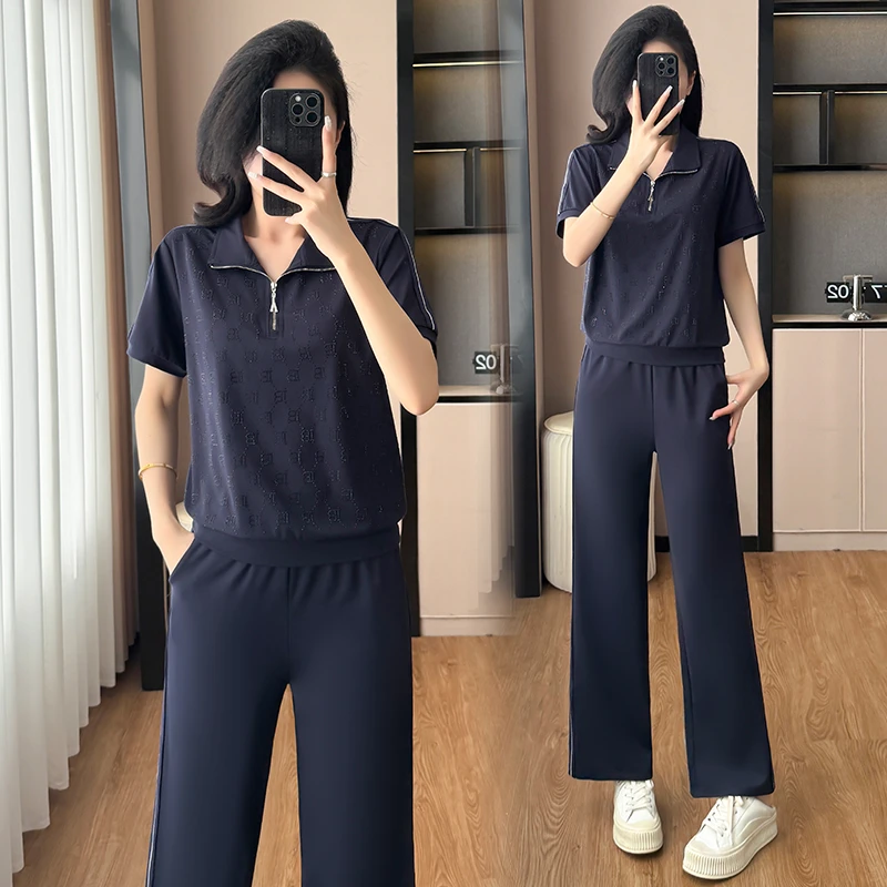 夏季休闲运动套装女胖女孩气质显瘦减龄大码短袖阔腿裤烫钻两件套