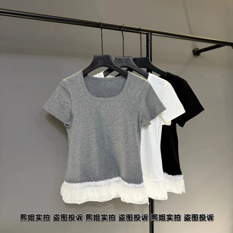 夏季U领蕾丝正肩T恤收腰显瘦辣妹高腰短袖上衣女潮702#