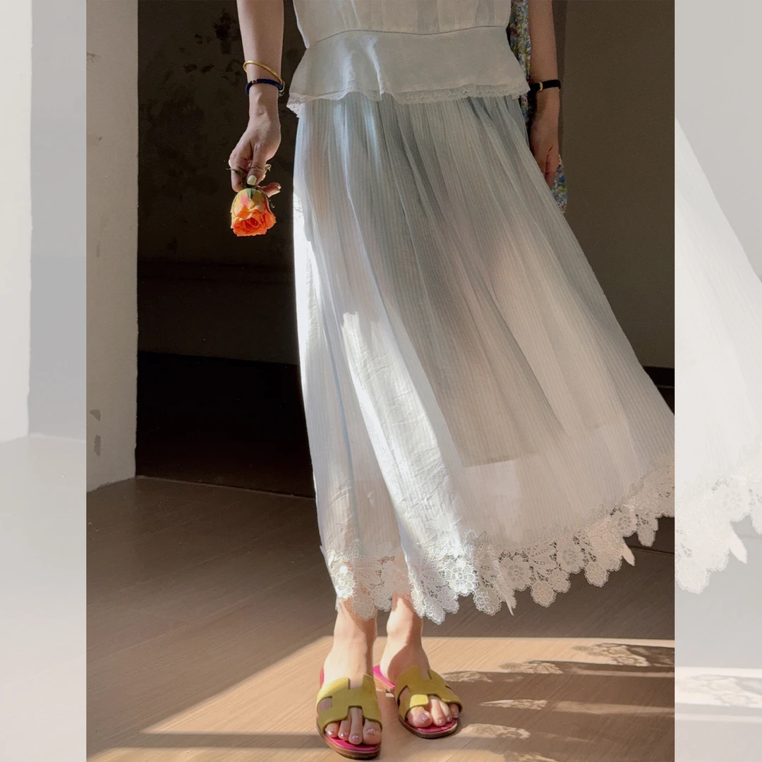 莉贝琳sisy小苍兰半身裙仙气条纹印花宽松蕾丝花边伞裙S25205SK01